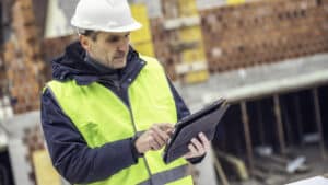 Construction worker on jobsite working on ipad